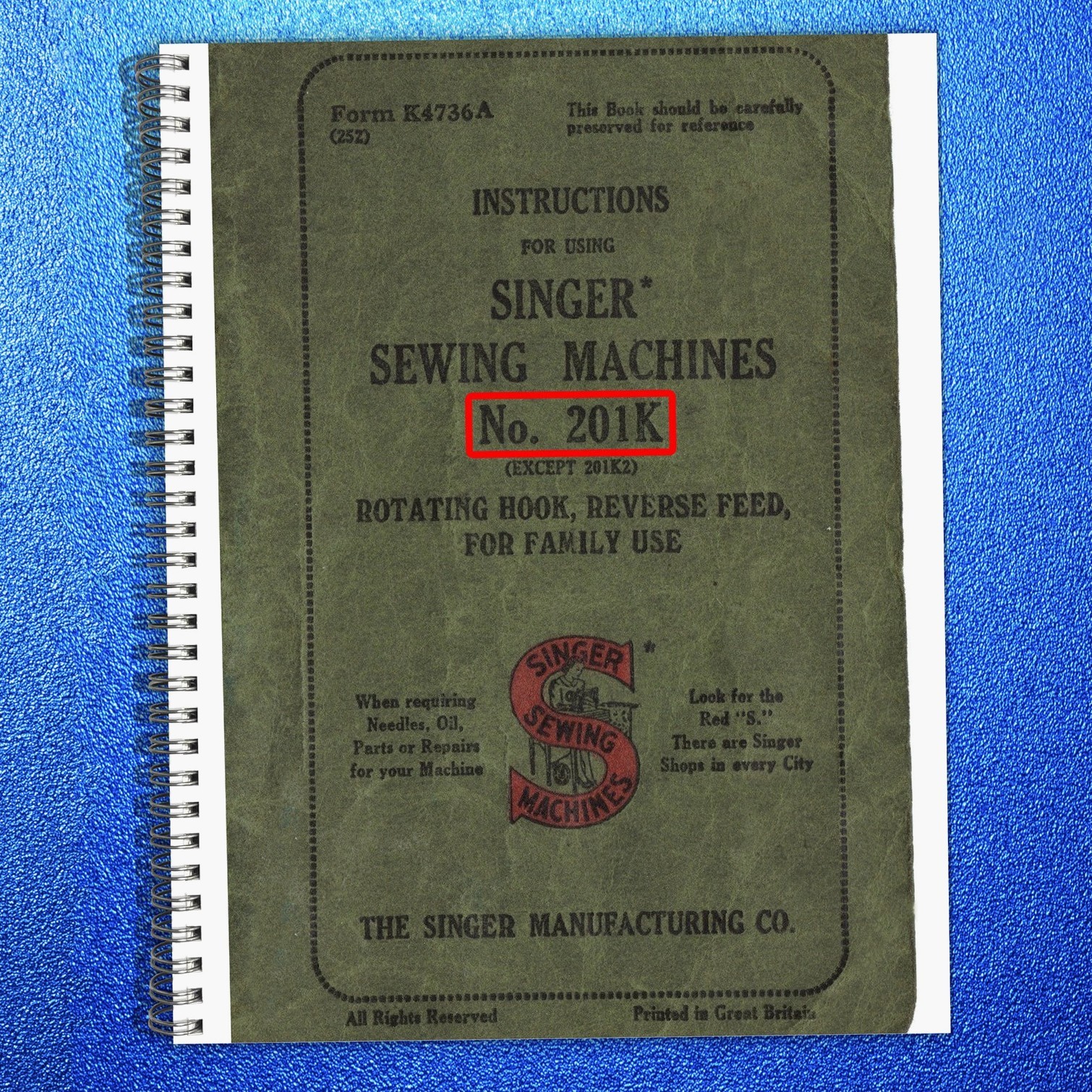 SINGER 201K Instruction Manual – STEEL WIRE BINDING – PROTECTIVE FRONT & BACK